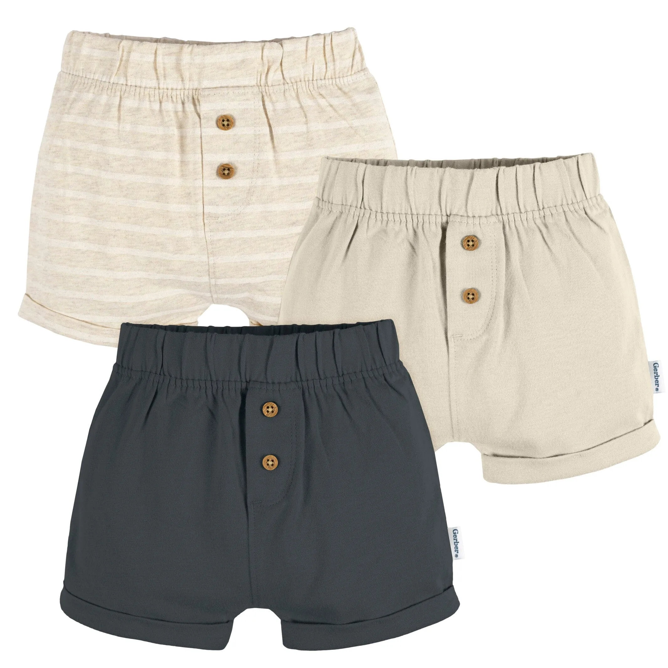 3-Pack Baby Neutral Tan Stripe, Tan, & Grey Knit Shorts