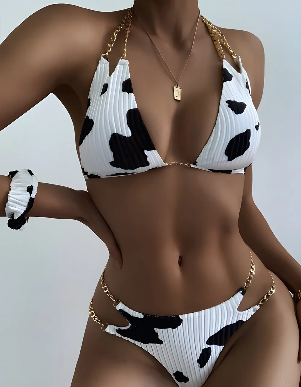 Backless Chain Halter Cow Printed Two-piece Bikini Swimwear Sets