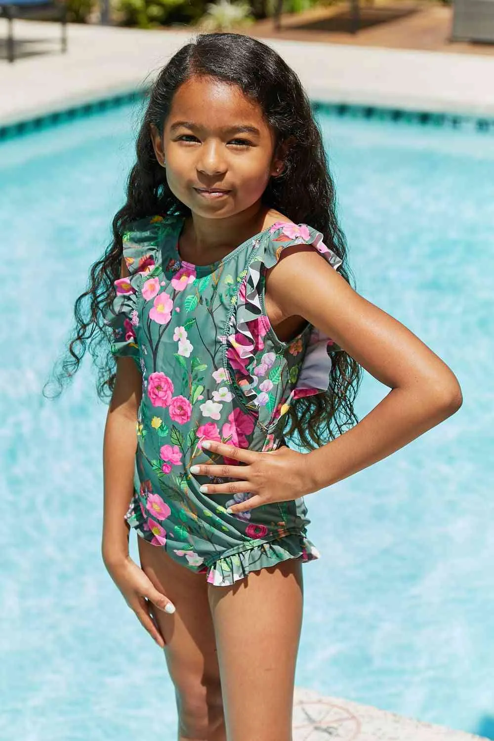 Bring Me Flowers V-Neck One Piece Girls Swimsuit In Sage