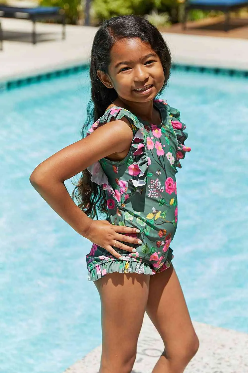 Bring Me Flowers V-Neck One Piece Girls Swimsuit In Sage