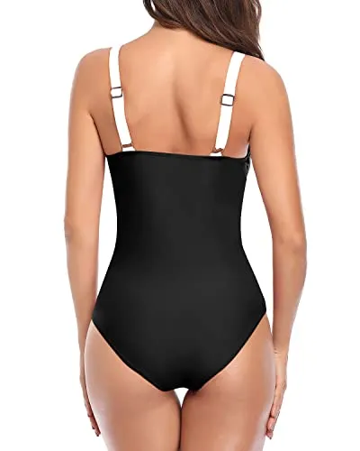 Classic Ruched Slimming Adjustable Straps One Piece Swimsuits-Black And White Stripe