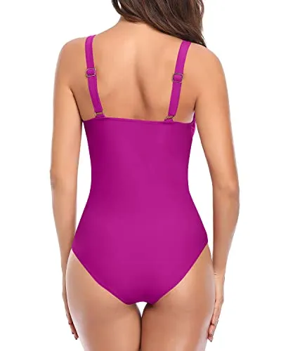 Classic Ruched Slimming Adjustable Straps Padded Push Up Bras One Piece Swimsuits-Hot Pink