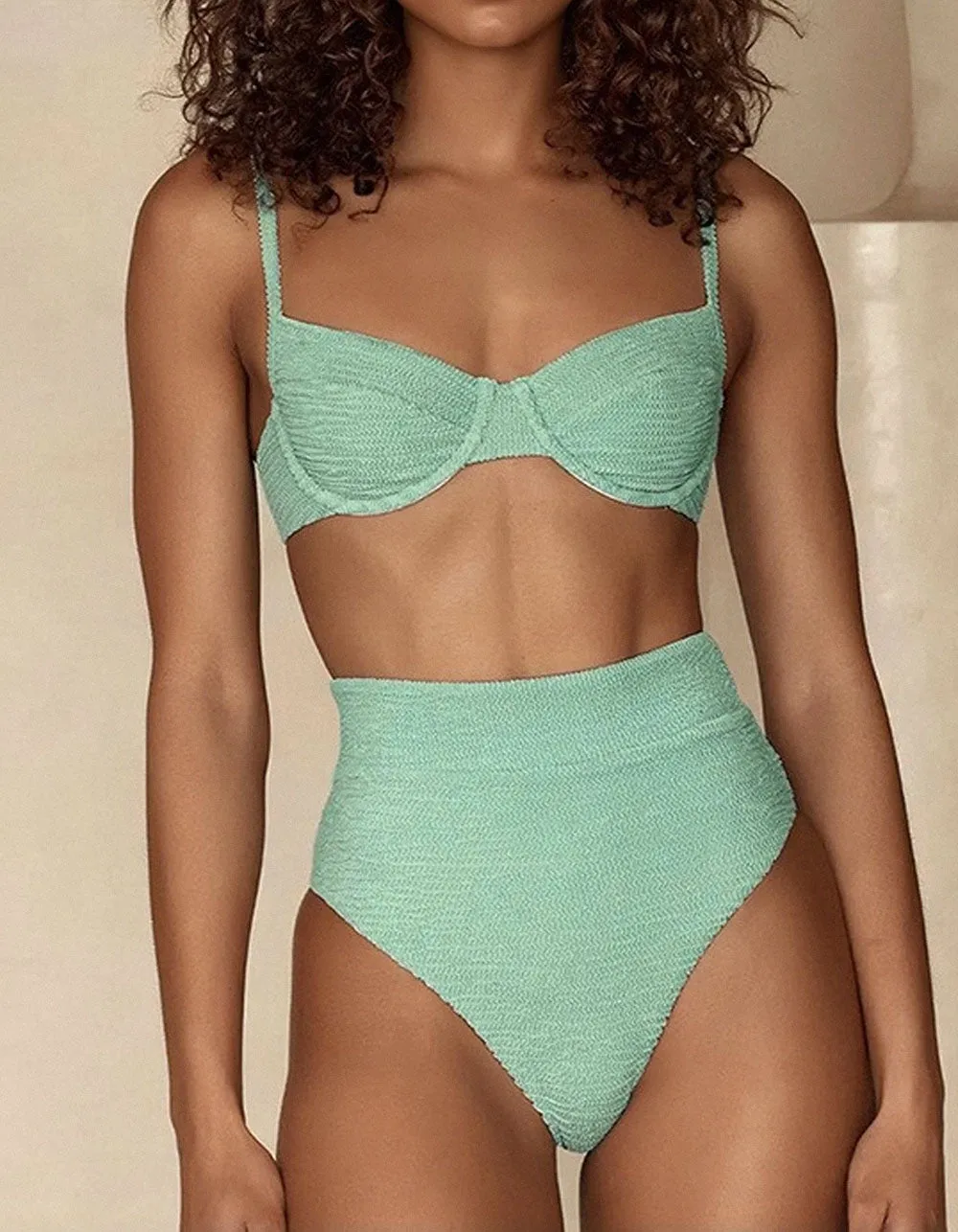 Green Solid-color Strap High Waist 2-piece Bikini Swimwear Sets