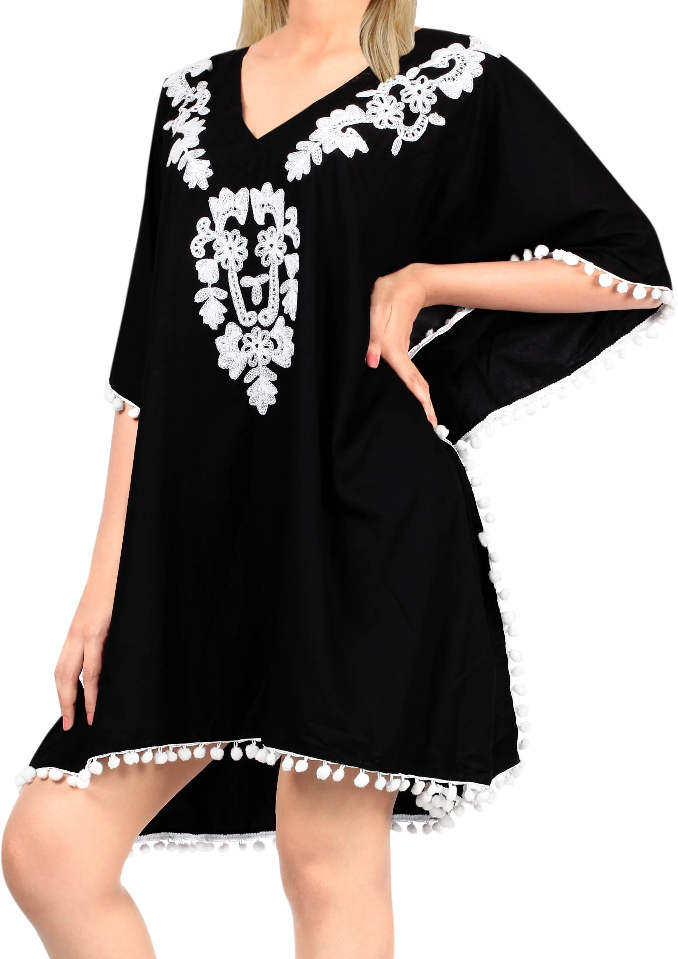 LA LEELA Bikini  Beach  Swimsuit Cover up Women Kimono Dress Embroidered 16-24 [XL-3X] Black_H470