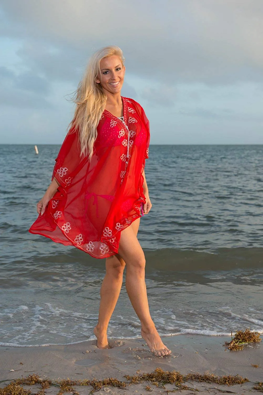 LA LEELA Bikini wear Swimsuit Beach Cardigan Cover-ups Women Dress Embroidery