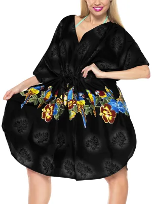 LA LEELA Bikni Swimwear Soft fabric parrot Printed Kimono Beachwear Loose Cover Up Black