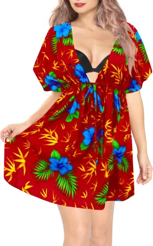 LA LEELA Bikni Swimwear Soft fabric Printed Beachwear Loose Cover Up OSFM 14-24W [L- 3X] Blood Red_B915