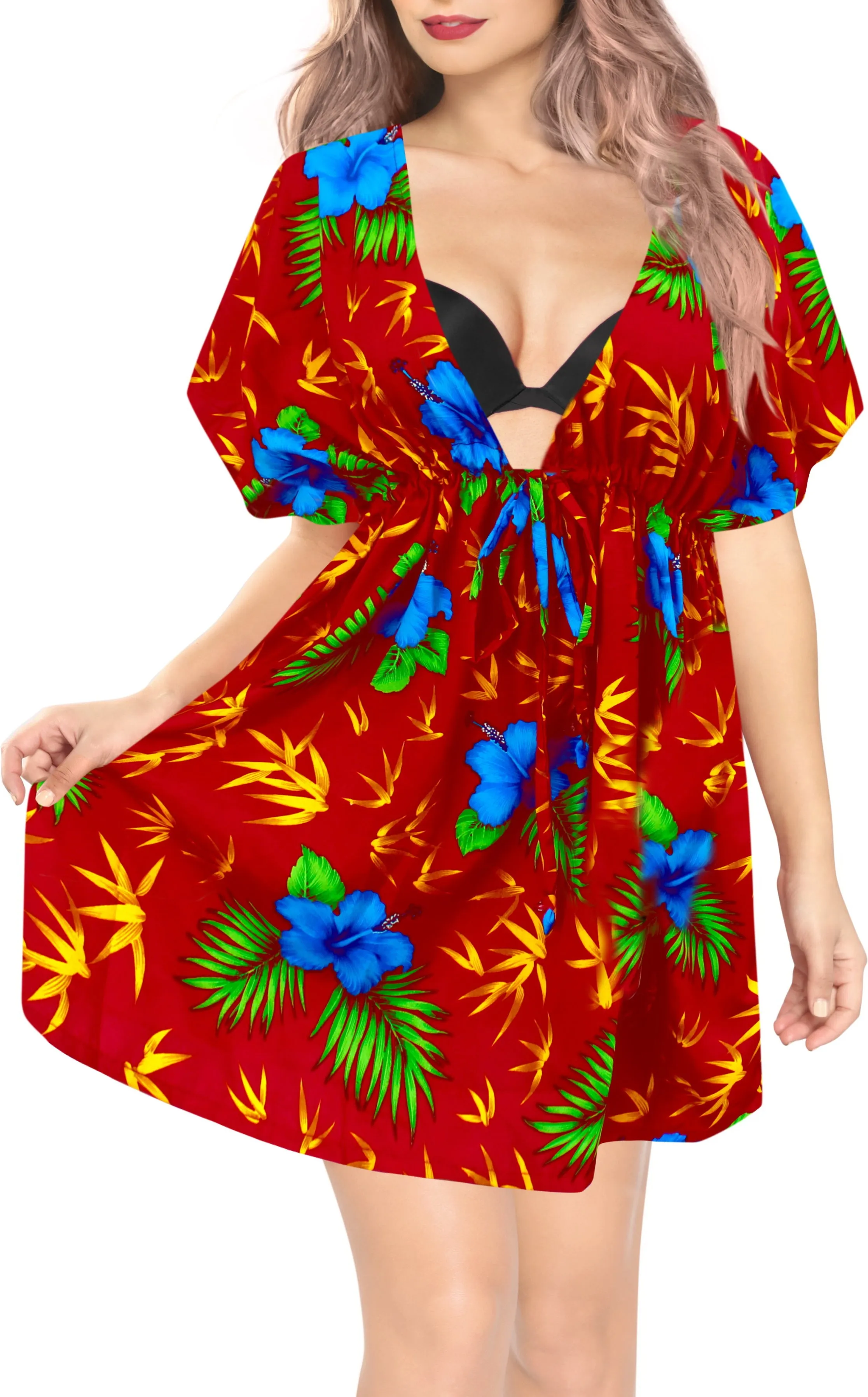 LA LEELA Bikni Swimwear Soft fabric Printed Beachwear Loose Cover Up OSFM 14-24W [L- 3X] Blood Red_B915