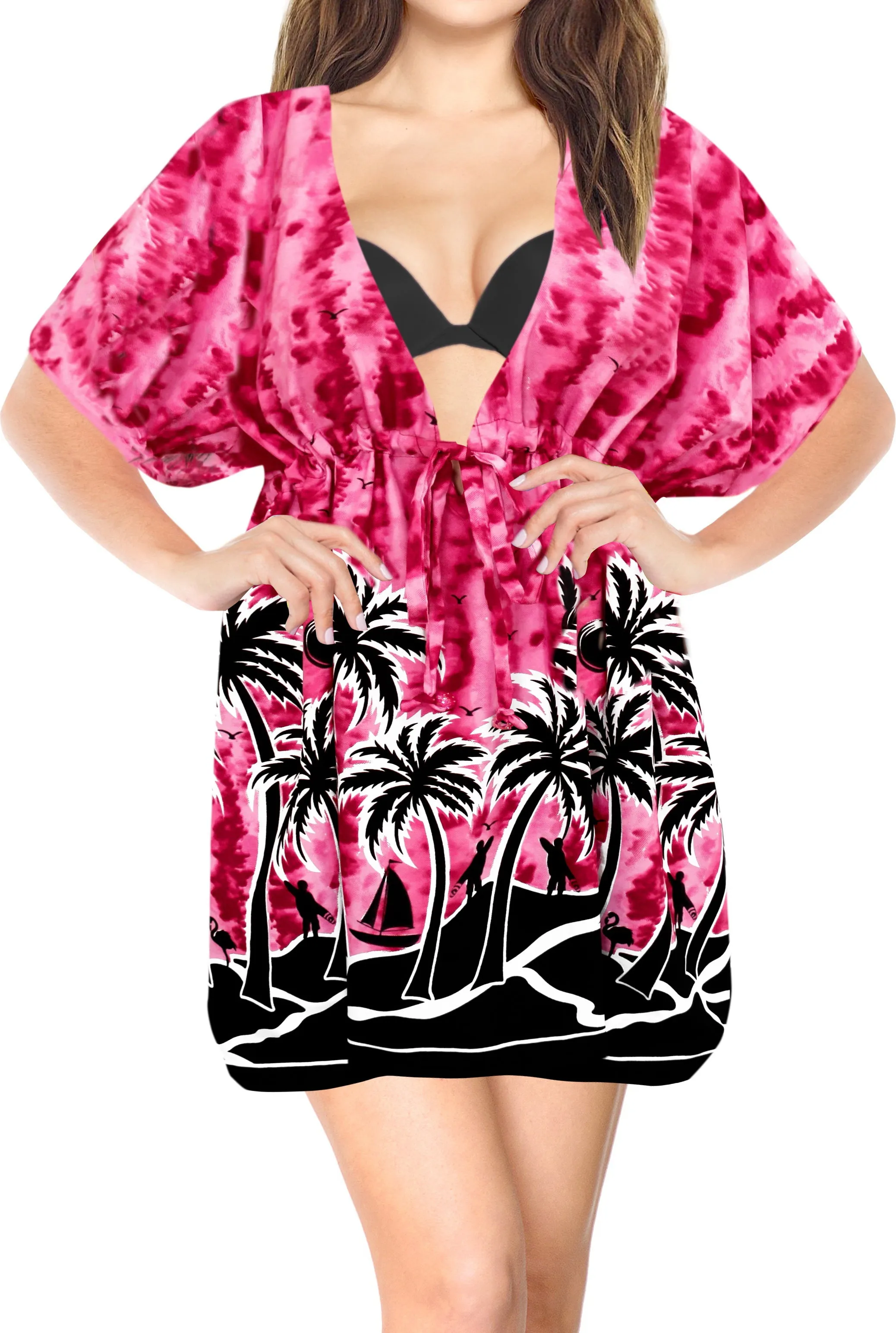 LA LEELA Bikni Swimwear Soft fabric Printed Beachwear Loose Cover Up OSFM 14-24W [L- 3X] Pink_B939