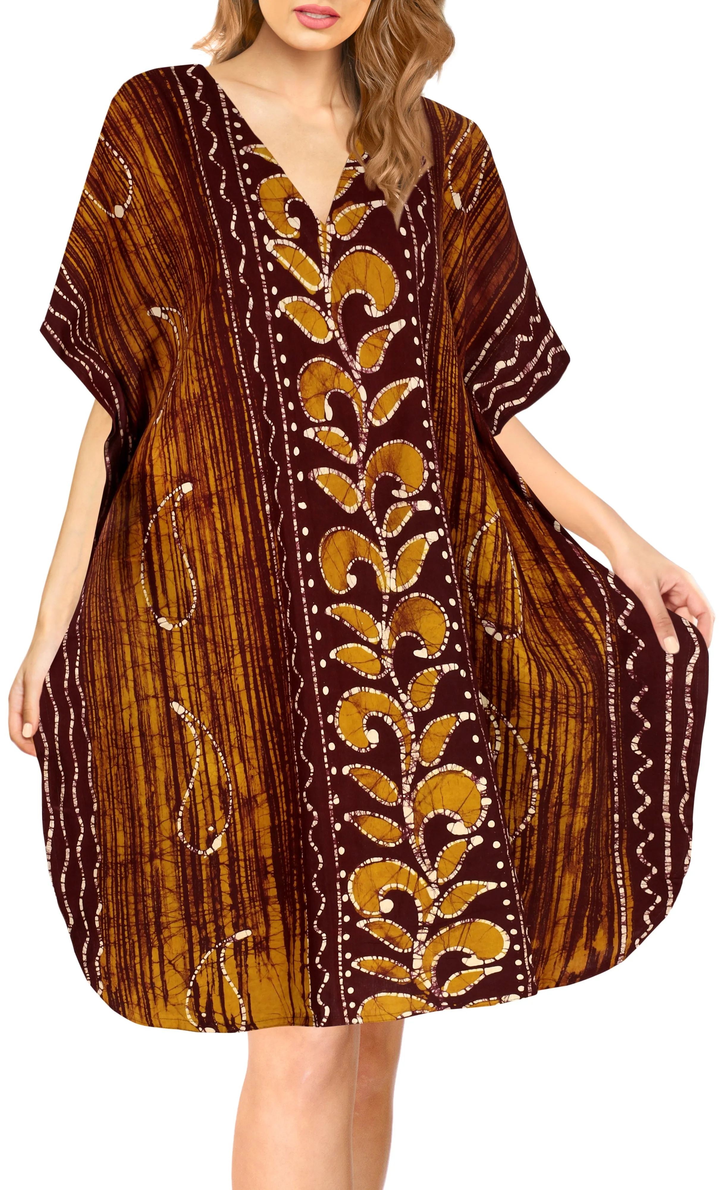 LA LEELA Cotton Batik Short Caftan Vacation Top OSFM 14-18W [L- 2X] Brown_A645