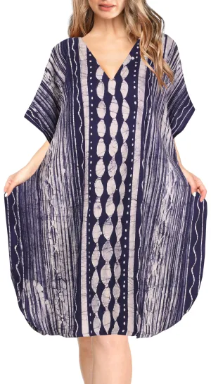 LA LEELA Cotton Batik Short Caftan Vacation Top OSFM 14-18W [L- 2X] Navy Blue_A646