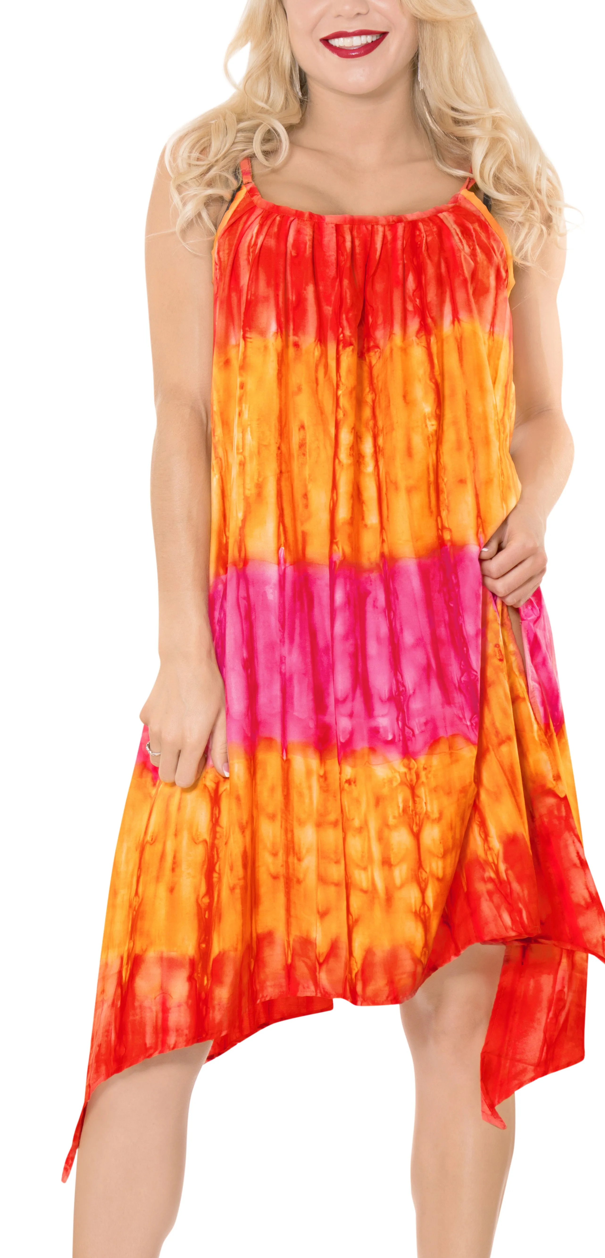 LA LEELA Cotton Tie_Dye Short Caftan Vacation Dress Pumpkin Orange_H265