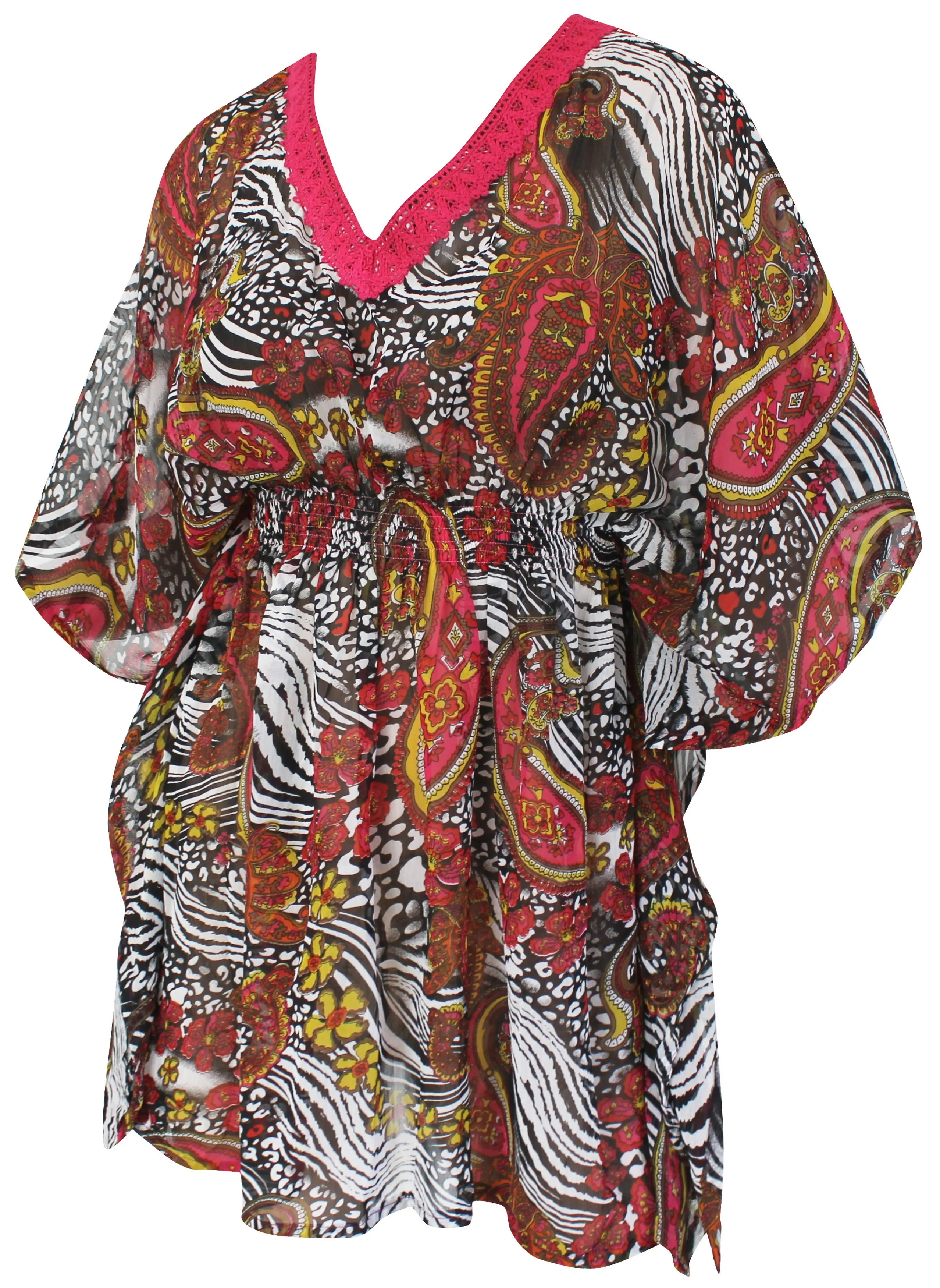 La Leela Paisley Lightweight Chiffon Beach Hawaii Coverup Caftan Dress Pink