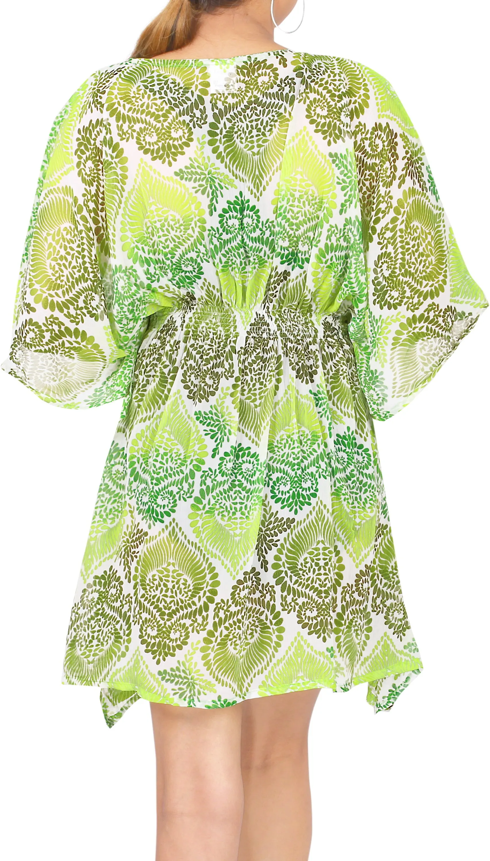 La Leela Vintage Art Lightweight Chiffon Beach Bikini Coverup Caftan Dress Green