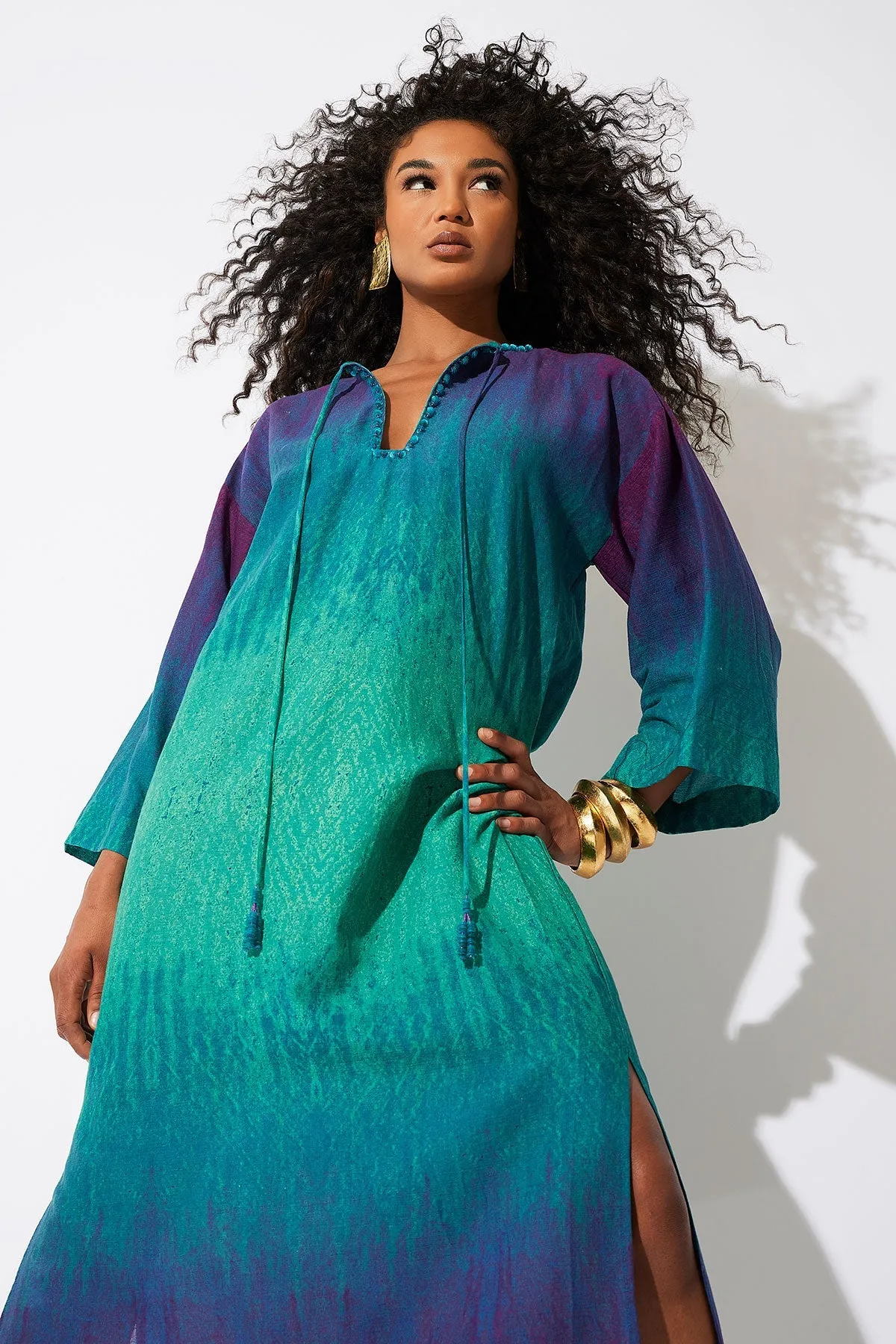 Ombre Printed Gauze Beaded Caftan