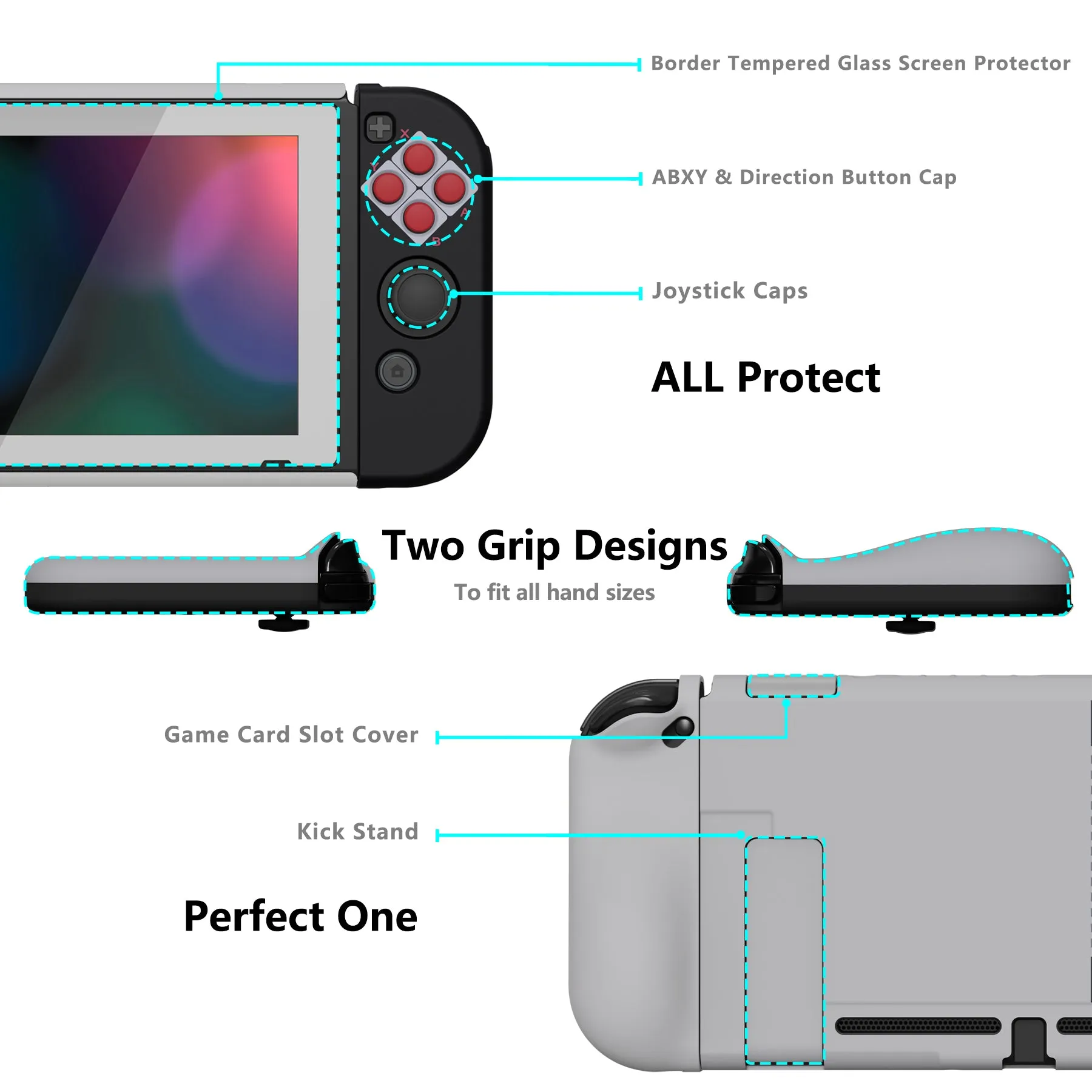 PlayVital AlterGrips Dockable Protective Case Ergonomic Grip Cover for Nintendo Switch, Interchangeable Joycon Cover w/Screen Protector & Thumb Grip Caps & Button Caps - Classics NES Style - TNSYY7002