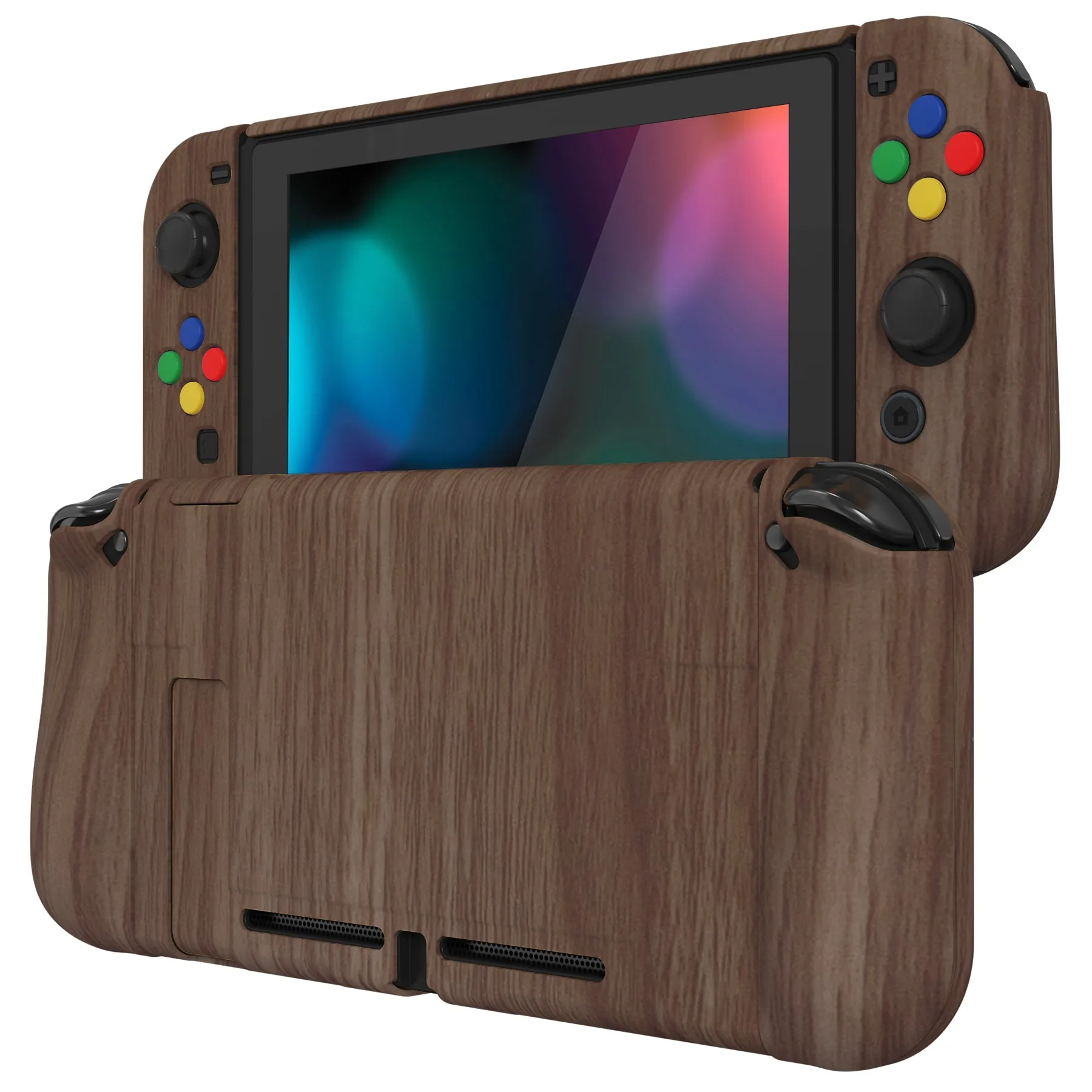 PlayVital AlterGrips Dockable Protective Case Ergonomic Grip Cover for Nintendo Switch, Interchangeable Joycon Cover w/Screen Protector & Thumb Grip Caps & Button Caps - Wood Grain - TNSYS2001