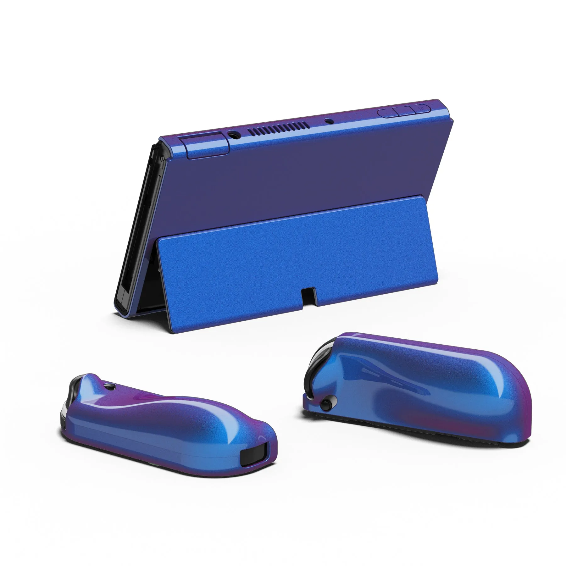 PlayVital AlterGrips Glossy Protective Slim Case for Nintendo Switch OLED, Ergonomic Grip Cover for Joycon, Dockable Hard Shell for Switch OLED w/Thumb Grip Caps & Button Caps - Chameleon Purple Blue - JSOYP3001