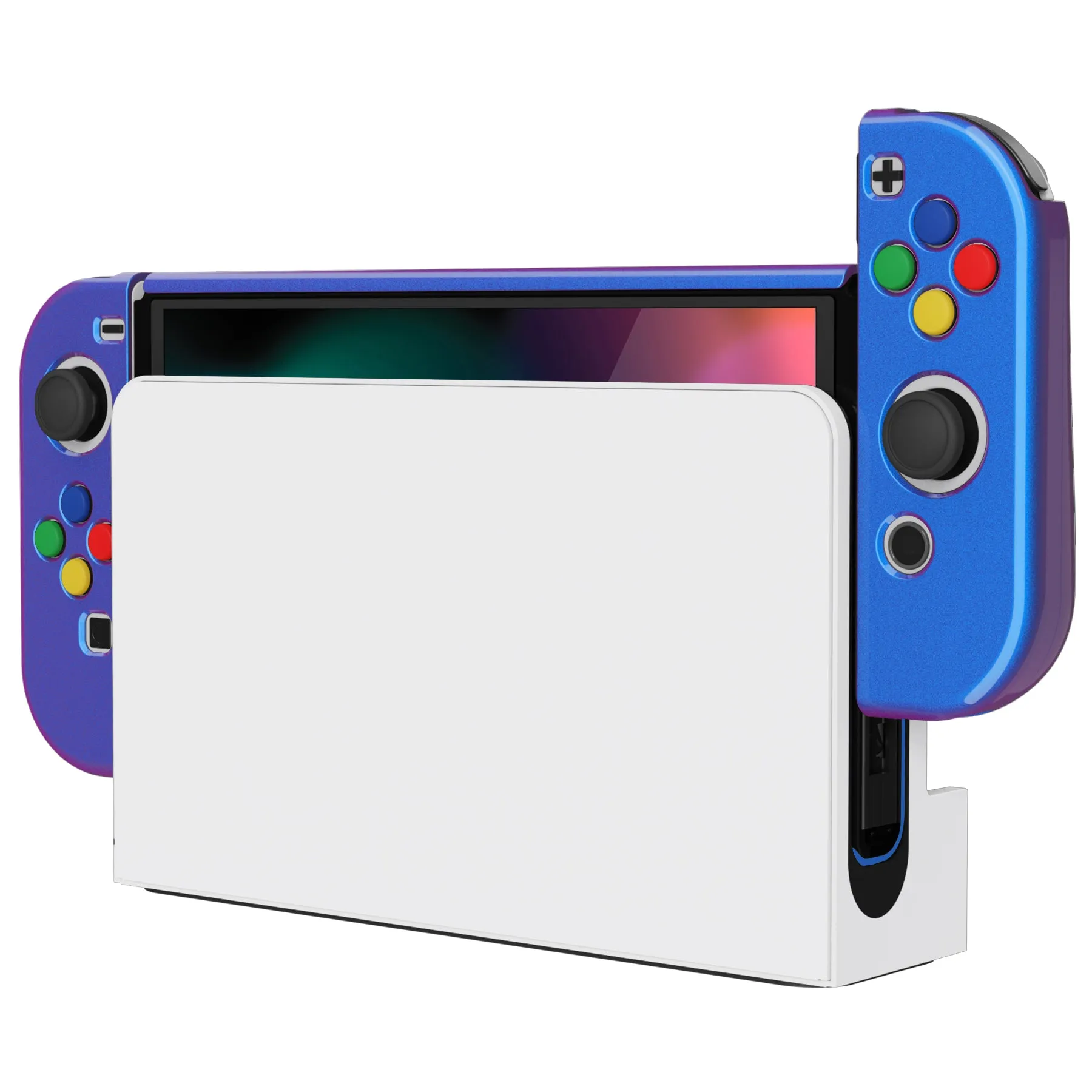 PlayVital AlterGrips Glossy Protective Slim Case for Nintendo Switch OLED, Ergonomic Grip Cover for Joycon, Dockable Hard Shell for Switch OLED w/Thumb Grip Caps & Button Caps - Chameleon Purple Blue - JSOYP3001