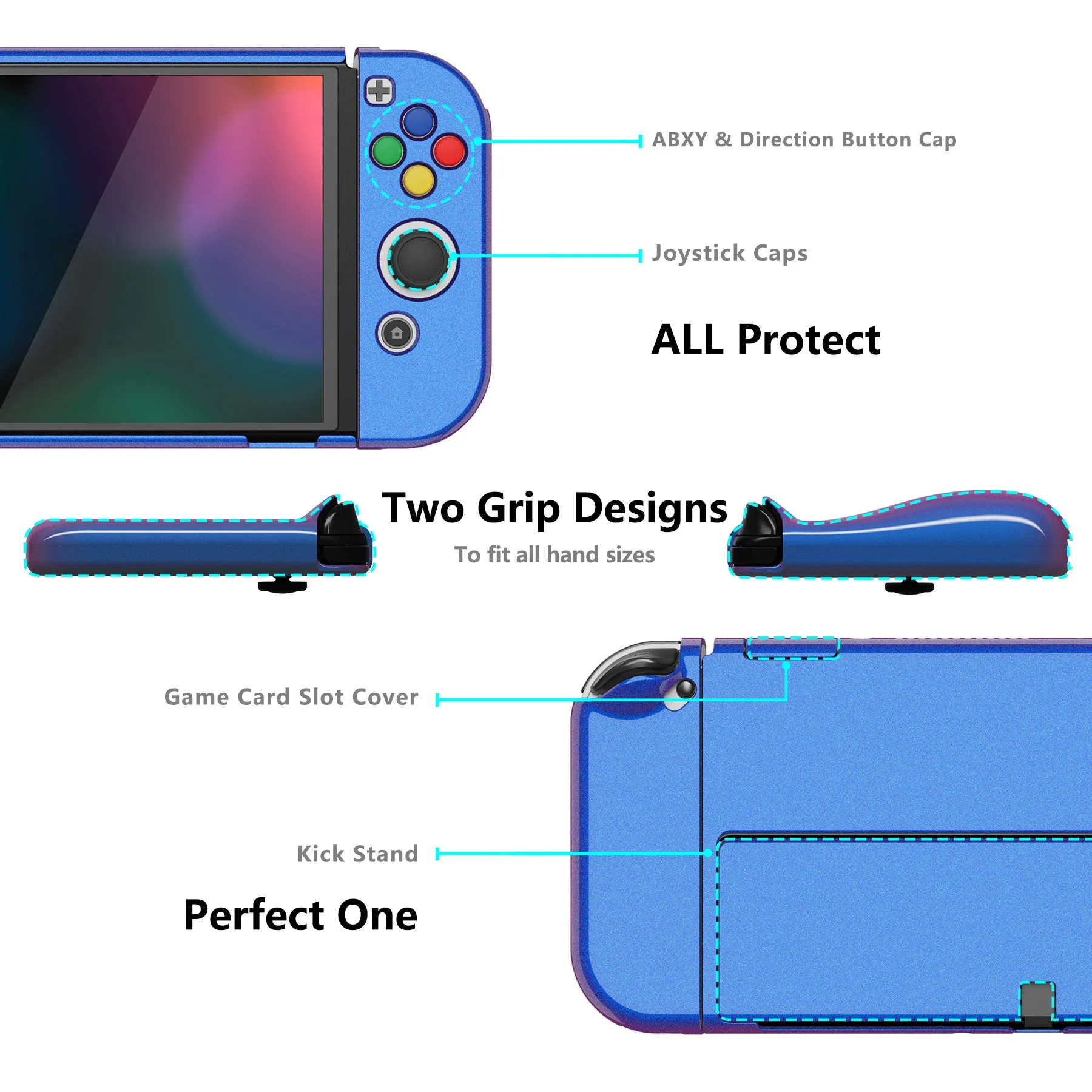 PlayVital AlterGrips Glossy Protective Slim Case for Nintendo Switch OLED, Ergonomic Grip Cover for Joycon, Dockable Hard Shell for Switch OLED w/Thumb Grip Caps & Button Caps - Chameleon Purple Blue - JSOYP3001