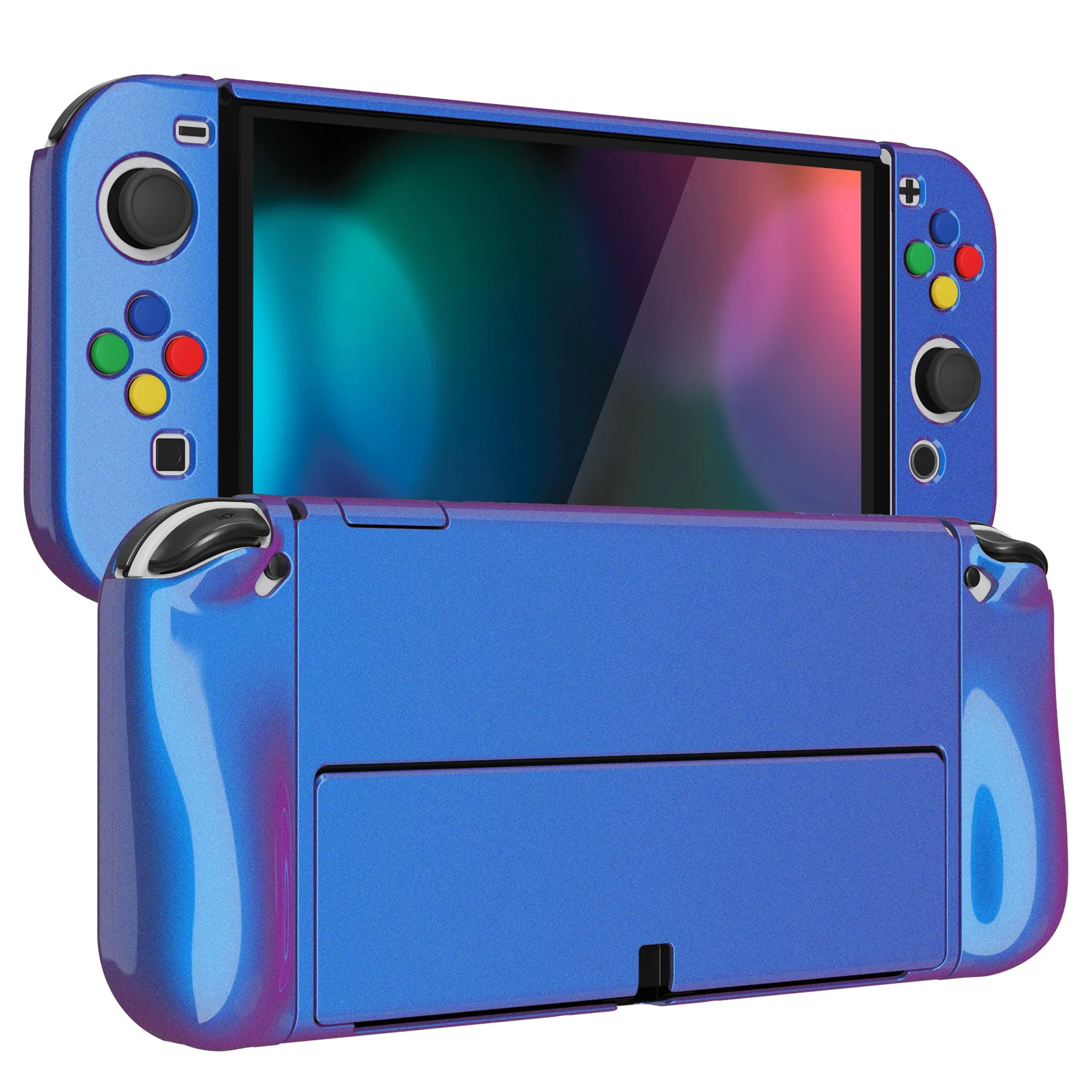 PlayVital AlterGrips Glossy Protective Slim Case for Nintendo Switch OLED, Ergonomic Grip Cover for Joycon, Dockable Hard Shell for Switch OLED w/Thumb Grip Caps & Button Caps - Chameleon Purple Blue - JSOYP3001