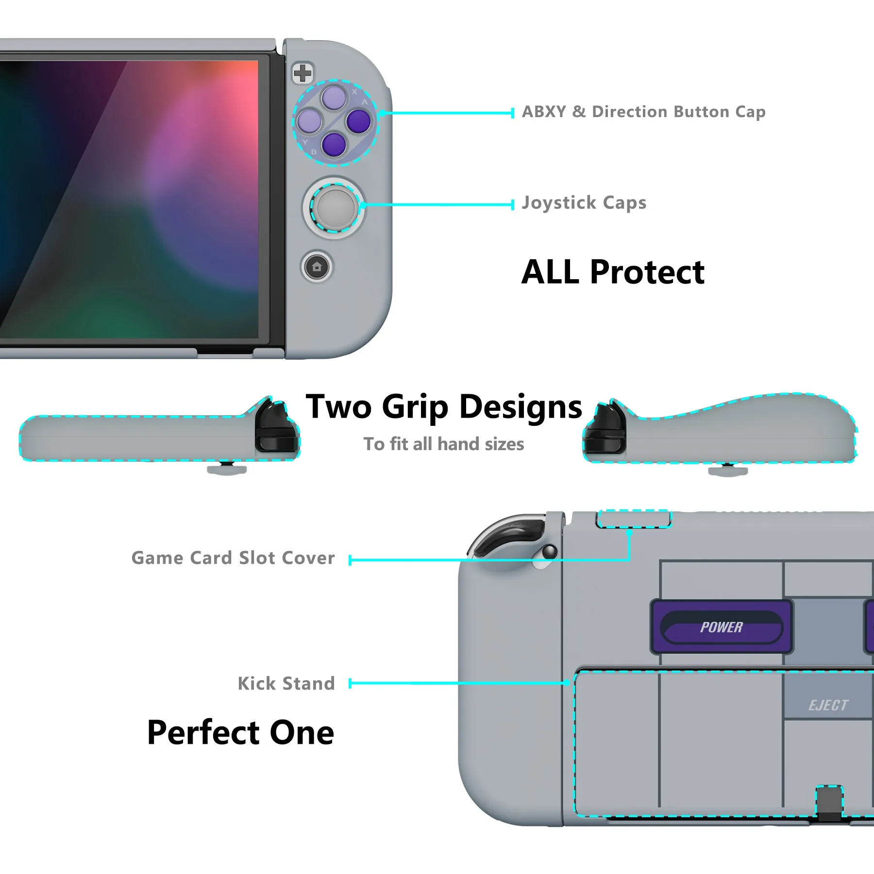 PlayVital AlterGrips Protective Slim Case for Nintendo Switch OLED, Ergonomic Grip Cover for Joycon, Dockable Hard Shell for Switch OLED with Thumb Grip Caps & Button Caps - Classics SNES Style - JSOYY7003