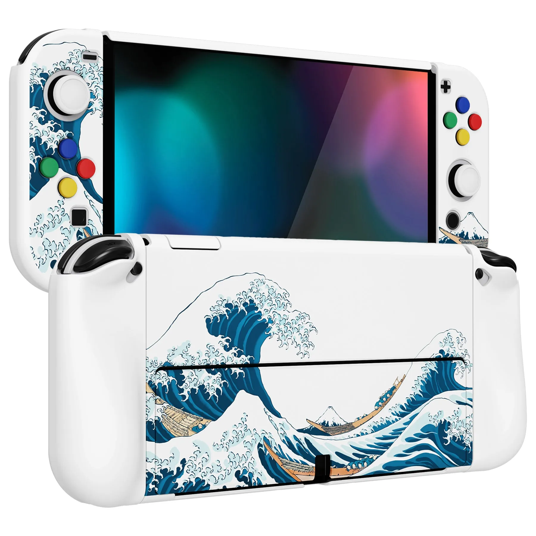 PlayVital AlterGrips Protective Slim Case for Nintendo Switch OLED, Ergonomic Grip Cover for Joycon, Dockable Hard Shell for Switch OLED with Thumb Grip Caps & Button Caps - The Great Wave off Kanagawa - JSOYT001