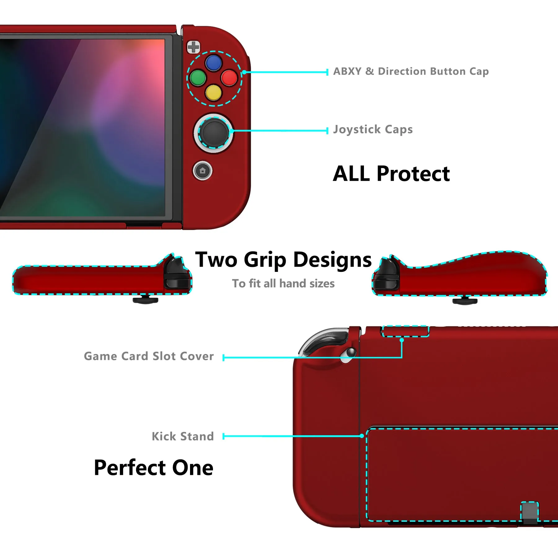 PlayVital AlterGrips Protective Slim Case for Nintendo Switch OLED, Ergonomic Grip Cover for Joycon, Dockable Hard Shell for Switch OLED w/Thumb Grip Caps & Button Caps - Scarlet Red - JSOYP3004