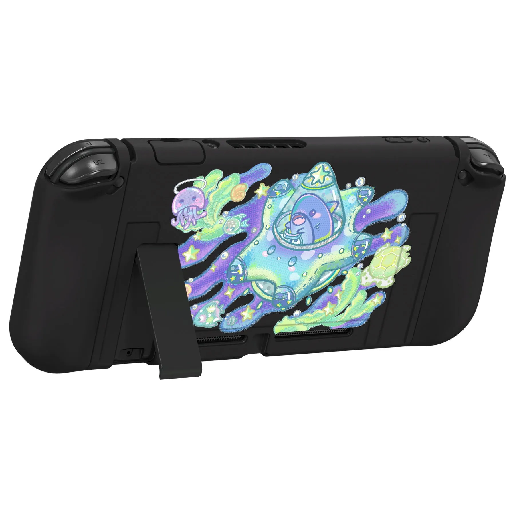 PlayVital ZealProtect Soft Protective Case for Nintendo Switch, Flexible Cover for Switch with Tempered Glass Screen Protector & Thumb Grips & ABXY Direction Button Caps - Shark Quest - RNSYV6039