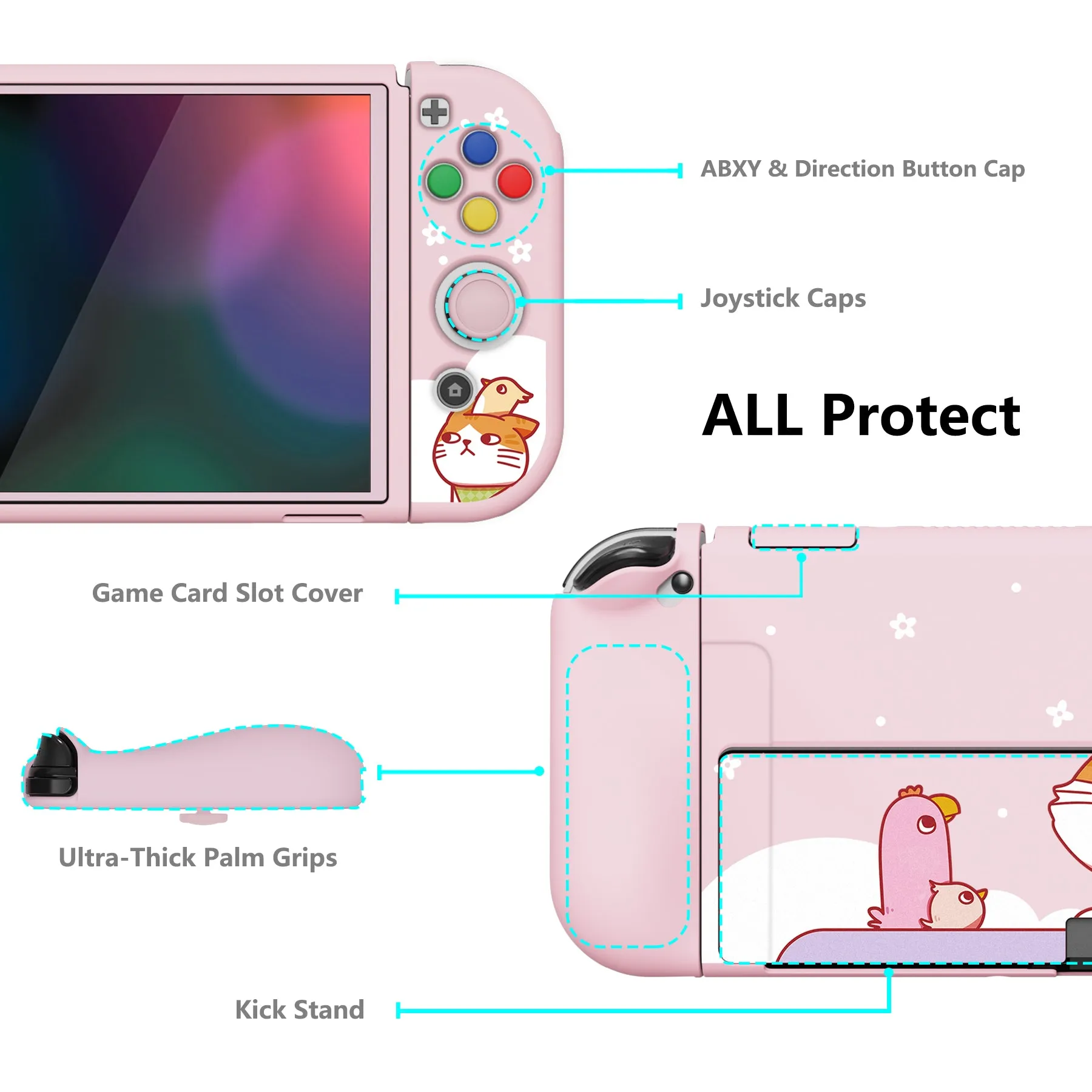 PlayVital ZealProtect Soft Protective Case for Nintendo Switch OLED, Flexible Protector Joycon Grip Cover for Nintendo Switch OLED with Thumb Grip Caps & ABXY Direction Button Caps - Kitten & Chicken - XSOYV6008