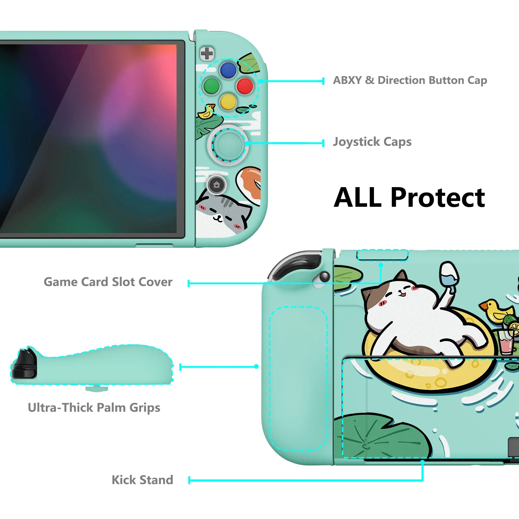 PlayVital ZealProtect Soft Protective Case for Nintendo Switch OLED, Flexible Protector Joycon Grip Cover for Nintendo Switch OLED with Thumb Grip Caps & ABXY Direction Button Caps - Pool Party Kitten - XSOYV6014