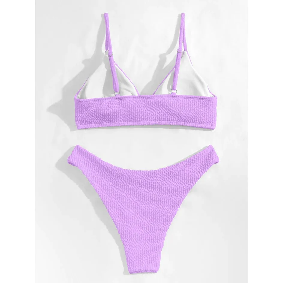 Sexy Plain Rib Bikini Swimwear - Women's Thong Bikini Set