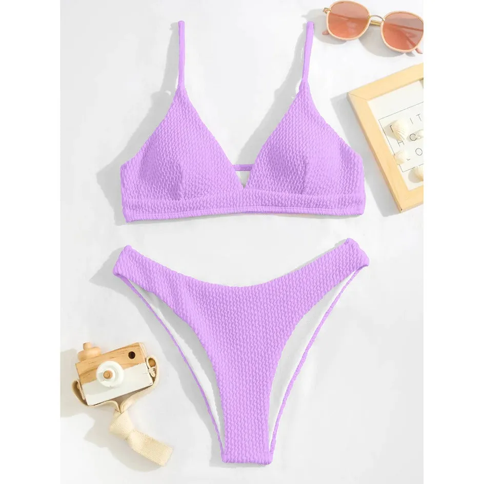 Sexy Plain Rib Bikini Swimwear - Women's Thong Bikini Set