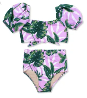 Shade Critters Girls Two Piece High Waist Purple Palm Swimsuit