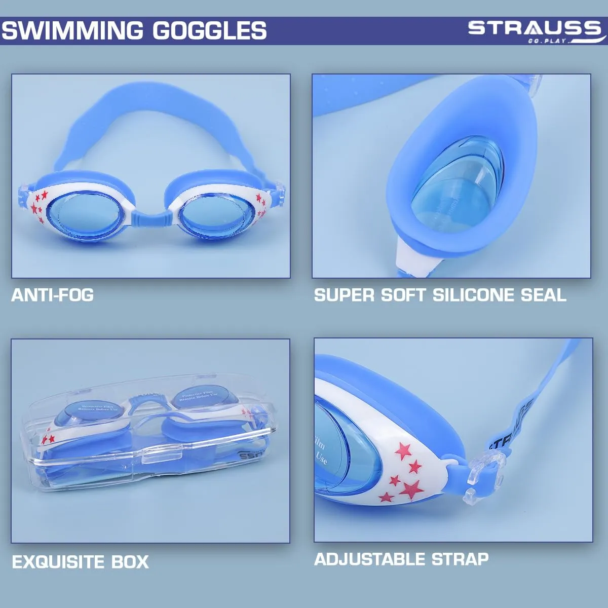 STRAUSS Swimming Goggles | Anti Fog & UV Protection | Swimming Goggles for Adults, Men and Women | Fully Adjustable Swimming Goggles With A Case Cover,(Blue/White)