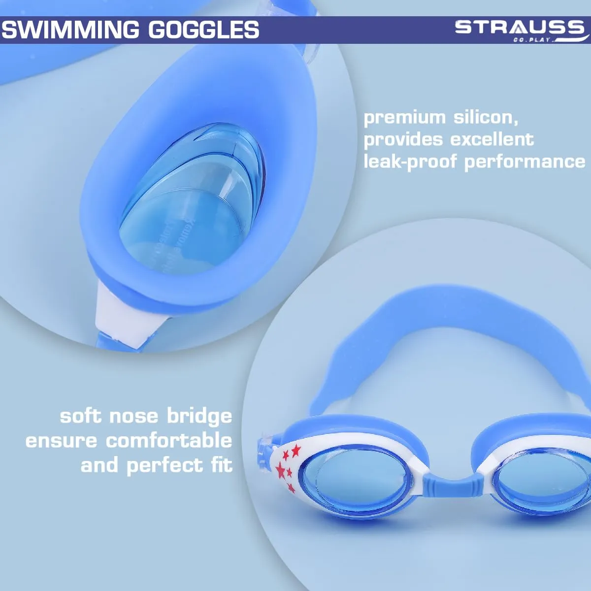 STRAUSS Swimming Goggles | Anti Fog & UV Protection | Swimming Goggles for Adults, Men and Women | Fully Adjustable Swimming Goggles With A Case Cover,(Blue/White)