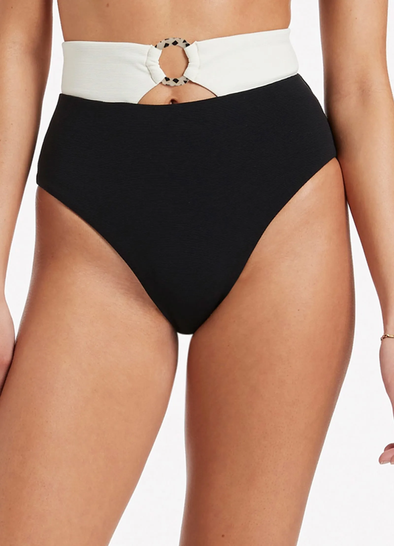 Versa Rib High Waist Bikini Bottom - Black/Cream